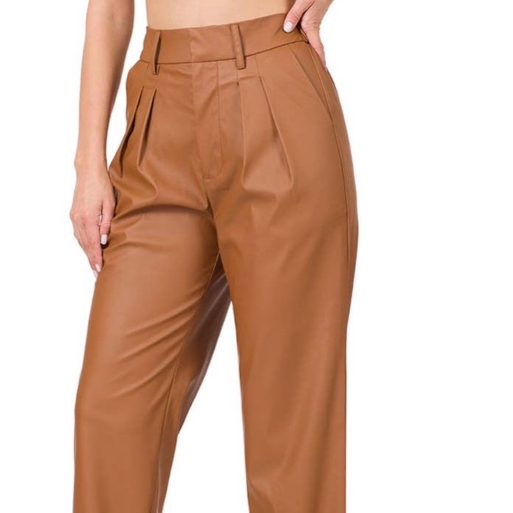 Camel pleated leather pants